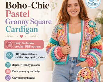 Boho Pastel Granny Square Cardigan Crochet Pattern, Real Time Step-by-Step Images, Digital PDF + Video Tutorial