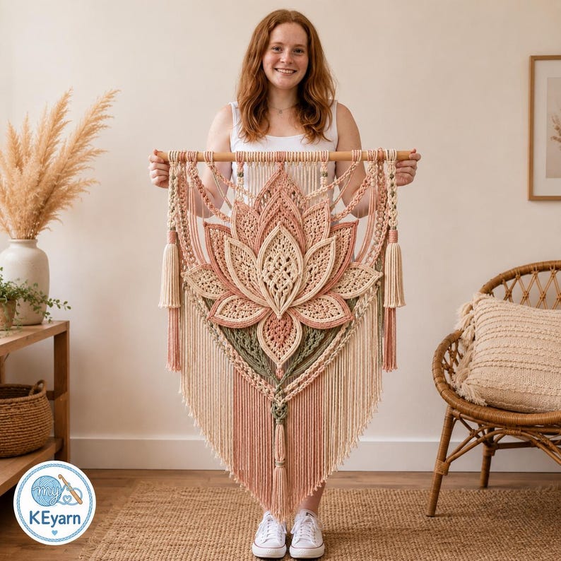 May include: A macrame wall hanging featuring a large lotus flower design in shades of cream, dusty pink, and sage green. The piece is suspended from a wooden dowel and includes intricate knotted patterns, long fringe, and decorative tassels.