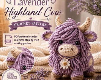 Lavender Highland Cow Crochet Pattern, Amigurumi Cow PDF, Real Time Step by Step Images, Digital PDF + Video Tutorial