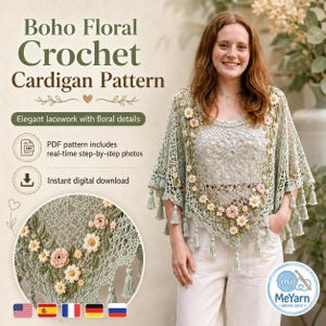 May include: A sage green crochet cardigan featuring intricate lacework, a central mandala-style motif, and three-dimensional floral embellishments in white and soft pink. The garment has a pointed hemline finished with small matching tassels.