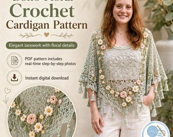 Boho Floral Crochet Cardigan Pattern, Digital PDF + Video Tutorial, Real-Time Step-by-Step Images, Lace Cardigan