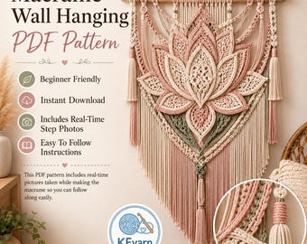 Macrame Wall Hanging PDF Pattern, Lotus Flower Boho Wall Decor, Real-Time Step-by-Step Images, Digital PDF + Video Tutorial