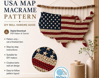 USA Map Macrame Wall hanging pattern, American Flag DIY, Real-time step by step images, Digital Download PDF + Video Tutorial
