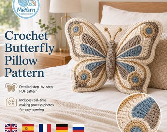 Crochet Butterfly Pillow Pattern, Digital PDF + Video Tutorial, Real Time Step by Step Images, Butterfly Cushion Crochet Pattern