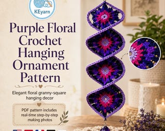 Purple Floral Crochet Hanging Ornament Pattern, Granny Square Wall Decor, Digital PDF + Video Tutorial, Real Time Step by Step Images