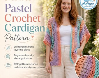 Pastel Crochet Cardigan Pattern, Boho Mesh Summer Cardigan PDF, Real Time Step by Step Images, Digital PDF + Video Tutorial
