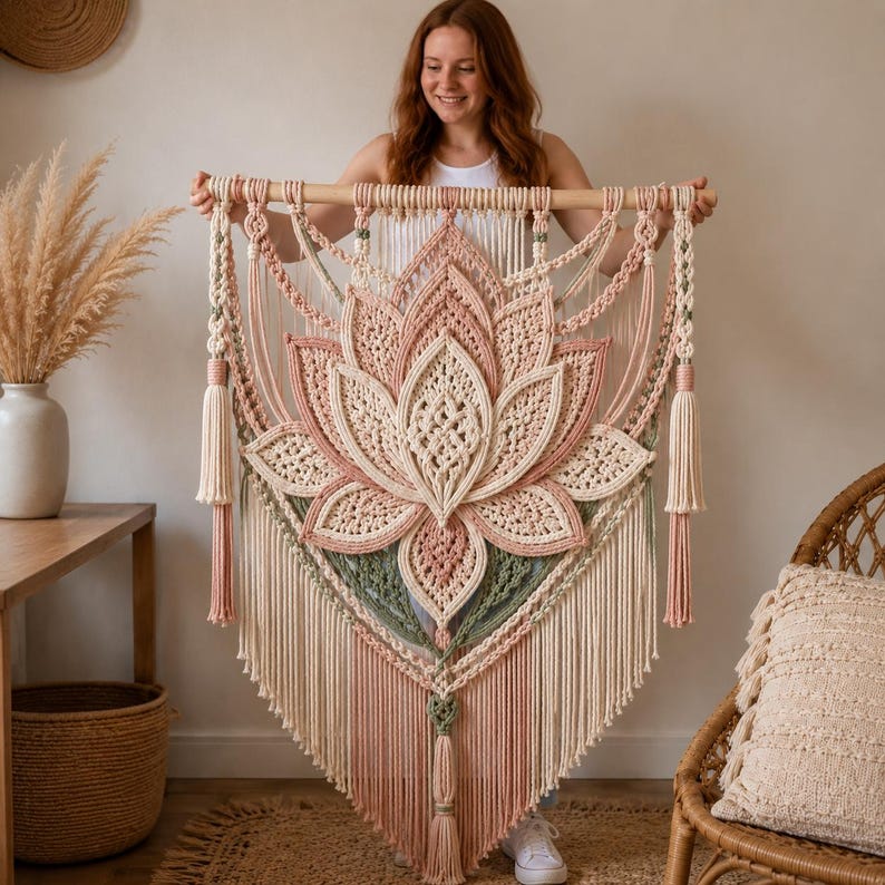 May include: A large macrame wall hanging featuring a central lotus flower design in shades of cream, dusty pink, and sage green. The piece is suspended from a wooden dowel and includes intricate knotted patterns, long fringe, and decorative tassels.