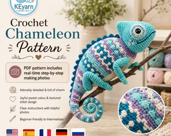 Crochet Chameleon Pattern, Amigurumi Lizard PDF, Real-Time Step-by-Step Images, Digital PDF + Video Tutorial