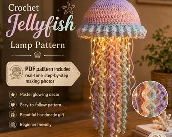 Crochet Jellyfish Lamp Pattern, Digital PDF + Video Tutorial, Real Time Step by Step Images, Pastel Glowing Nursery Decor
