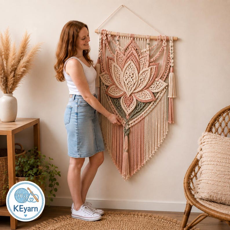 May include: A large macrame wall hanging featuring a central lotus flower design in shades of cream, dusty rose, and sage green. The piece is suspended from a wooden dowel with intricate knotted patterns, long fringe, and decorative tassels.