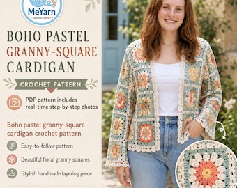 Granny Square Cardigan Crochet Pattern, Real-Time Step-by-Step Images, Digital PDF + Video Tutorial, Boho Pastel Sweater