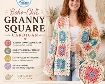 Granny Square Cardigan Crochet Pattern PDF, Boho Crochet Sweater, Real Time Step by Step Images, Digital PDF + Video Tutorial