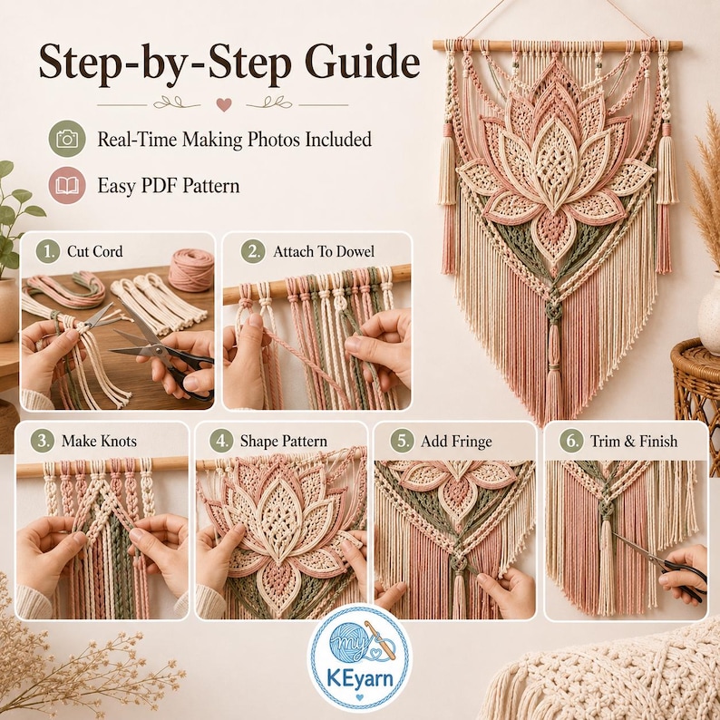 May include: A step-by-step guide for a macrame wall hanging featuring a lotus flower design in shades of pink, cream, and sage green. The guide includes six instructional panels showing the process of cutting, knotting, and trimming the cord.