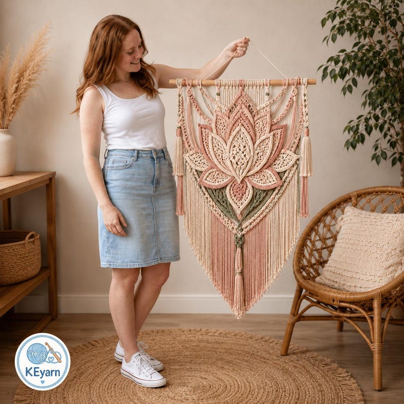 May include: A large macrame wall hanging featuring a central lotus flower design in shades of dusty rose, cream, and sage green. The piece is suspended from a wooden dowel and includes intricate knotted patterns, long fringe, and decorative tassels.