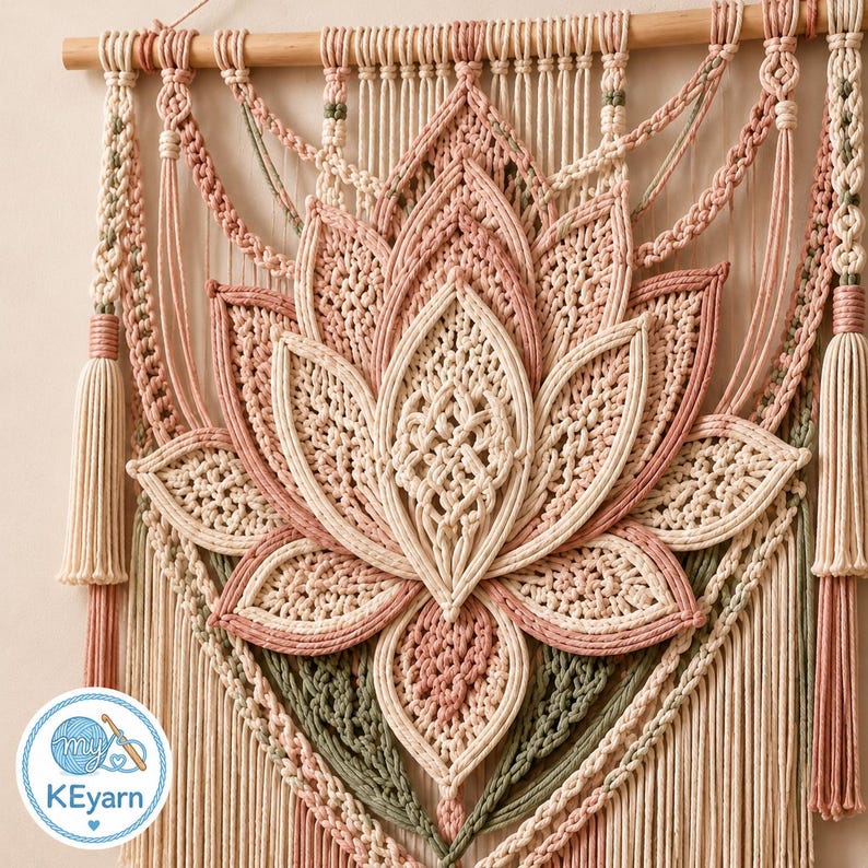 May include: A macrame wall hanging featuring a large lotus flower design in shades of cream, dusty pink, and sage green. The piece is suspended from a wooden dowel and includes intricate knotted patterns, decorative side braids, and long tassels.