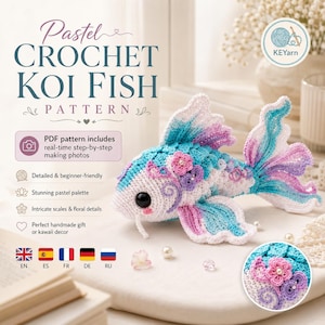 Puede incluir: Un pez koi de ganchillo en hilo azul pastel, morado y blanco con texturas de escamas intrincadas, adornos florales y grandes ojos negros. El texto dice Pastel CROCHET KOI FISH PATTERN, PDF pattern includes real-time step-by-step making photos, Detailed & beginner-friendly, Stunning pastel palette, Intricate scales & floral details, Perfect handmade gift or kawaii decor.