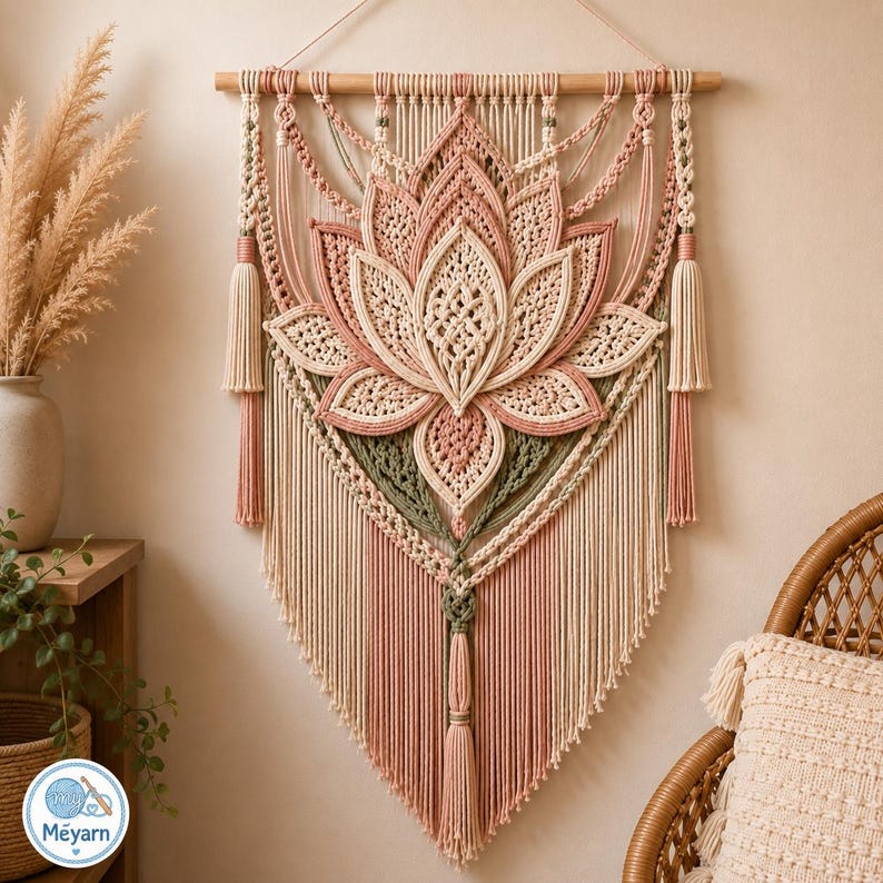 May include: A macrame wall hanging featuring a large central lotus flower design in cream, dusty pink, and sage green cotton cord. The piece is suspended from a horizontal wooden dowel and includes decorative side tassels and a long central tassel.
