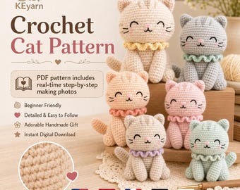 Crochet Cat Amigurumi Pattern PDF + Video Tutorial, Real Time Step by Step Images, Beginner Kitty Plush Digital Download