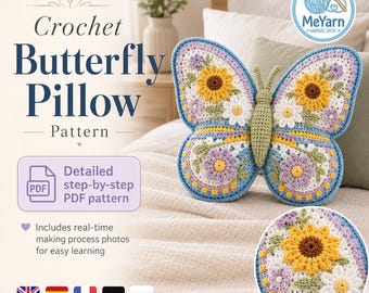 Butterfly Pillow Crochet Pattern, Digital PDF + Video Tutorial, Real-Time Step-by-Step Images, Floral Cushion DIY