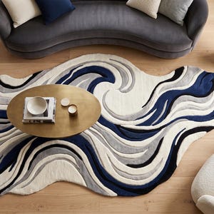 Handgemaakt getuft abstract golftapijt | Onregelmatig modern blauw-wit tapijt