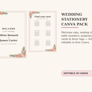 Plantillas de papelería para bodas editables en Canva, plano de asientos, cartel de bienvenida, números de mesa del 1 al 12, programa de la ceremonia, tarjetas de lugar.