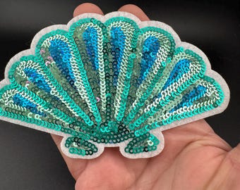 Sequin Shell Patch, Turquoise Blue Green - Nautical Appliqué | Iron-On | 12 X 8 Cm