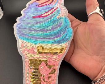 XL Sequin Ice Cream Patch: Blue Pink Gold Iron-On Applique