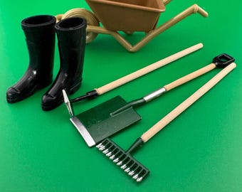 Mini Garden Tools Set, Wheelbarrow and BLACK welly Boots (Cake Topper Decoration)