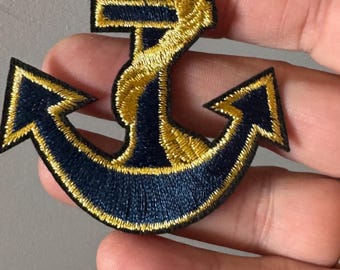 Iron On Anchor, Navy Blue Gold Appliqué | Maritime Emblem | Garment, Bag, Hat Accent | 6X7Cm