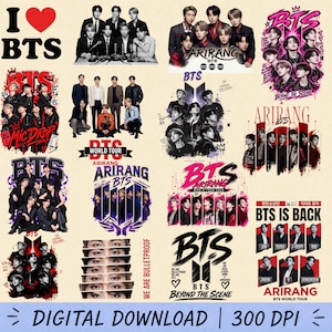 Op de afbeelding: Een digitale collage met meerdere grafische ontwerpen van de muziekgroep BTS, waaronder groepsportretten, concerttourlogo's, gestileerde tekst en close-ups van individuele leden in diverse kleuren zoals zwart, wit, rood en paars.