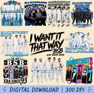Puede incluir: Una colección de diseños gráficos digitales con el grupo musical Backstreet Boys, que incluye varias fotos de la banda, el texto "I Want It That Way", "Millennium 2.0", "Sphere 2025", "Into The Millennium Las Vegas" y "In My BSB Era Since 93".