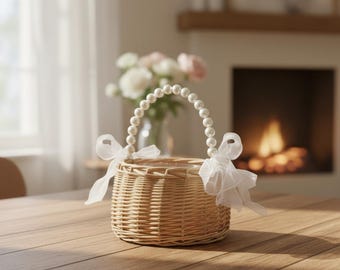 Boho Wicker Flower Girl Basket | Pearl Handle Wedding Basket | Rustic Petal Basket | Boho Bride Gift | Vintage Wedding Decor | Rattan Boho