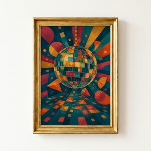 May include: A framed wall art print featuring a central disco ball suspended by a chain against a background of geometric shapes and radiating lines in shades of teal, orange, yellow, and magenta, enclosed in a metallic gold rectangular frame.