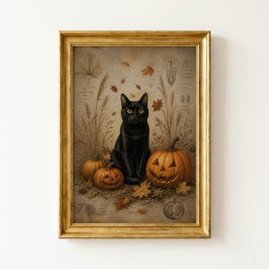 Kunstdruck „Schwarze Katze im Kürbisbeet“, Wanddeko für Himmelbetten in Schwarz, Deko aus schwarzem Metall, Halloween-Wanddeko, Küchendeko für Himmelbetten in Schwarz