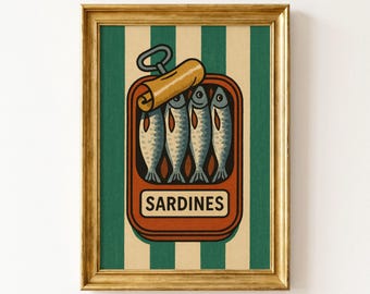 Sardinen-Wandbild, Retro-Küchenbild, Sardinen-Druck, Vintage-Fischillustration, Mid-Century-Dekor, Küstenküchen-Dekor, Maritimes Wandbild