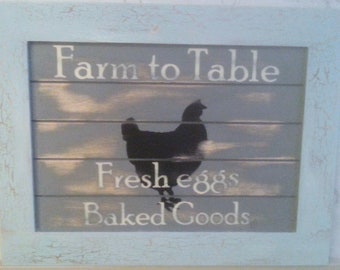 Puede incluir: Un letrero enmarcado en azul claro con el texto "Farm to Table" en blanco. Una silueta negra de un pollo está en el centro del letrero. El texto "Fresh eggs" y "Baked Goods" está debajo del pollo.