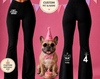 Leggings personalizados de cumpleaños para bulldog francés, pantalones personalizados para gatos, ropa deportiva para perros, pantalones de yoga de cintura alta, regalo para amantes de los perros. Frenchie personalizado.