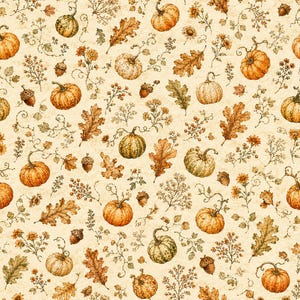 Autumn Pumpkin Oak Leaves Fabric by the Yard – 60 Inch Wide Fall Quilt Backing & Table Runner Material – Cozy Thanksgiving Rustic Decor