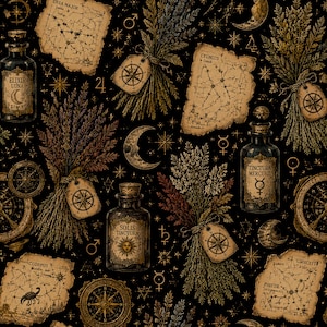 May include: A black fabric pattern featuring vintage-style illustrations of glass apothecary bottles labeled Elixir Luna, Solis Tinctura, and Tinctura Mercurii, alongside bundles of dried herbs, compasses, crescent moons, and star charts labeled Ursa Major.