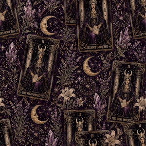 May include: A dark purple fabric pattern featuring repeating tarot cards labeled The High Priestess, crescent moons, clusters of purple crystals, and white lily flowers. The cards depict a figure in robes holding a book marked TORA.