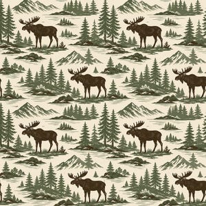 May include: A repeating pattern on a cream background featuring dark brown moose silhouettes standing in a landscape of green pine trees and mountain ranges. The illustration style uses fine lines to depict the forest, water, and wildlife.