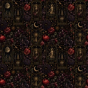 May include: A dark fabric pattern featuring repeating tarot cards labeled The Moon, The High Priestess, The Empress, The Star, and The Sun. The design includes illustrations of pomegranates, crescent moons, and crystals on a black background.