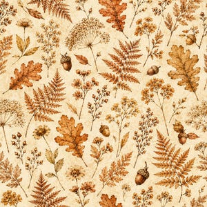 May include: A seamless pattern featuring detailed botanical illustrations of brown oak leaves, ferns, acorns, and wildflowers on a textured cream background. The design showcases various autumn-themed plant elements arranged in a repeating layout.