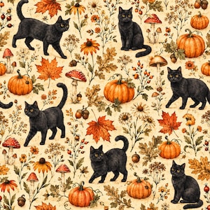Peut inclure: Un motif répétitif représentant des chats noirs, des citrouilles orange, des champignons rouges et blancs, des glands bruns et des feuilles d'automne aux tons orange et or sur un fond crème. Le design inclut des fleurs et des plantes.