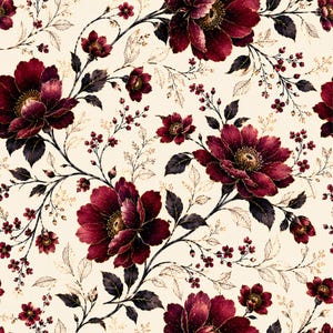Pode incluir: Um padrão contínuo com flores em tom bordô profundo com centros escuros e folhagem em tons dourados sobre um fundo creme. O design inclui grandes flores desabrochadas, botões menores e caules finos e ramificados com folhas escuras.