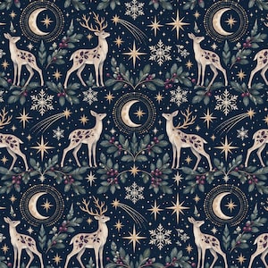 May include: A dark blue fabric pattern featuring repeating illustrations of deer with antlers, crescent moons, golden stars, shooting stars, white snowflakes, and green pine branches with small red berries arranged in a symmetrical winter design.