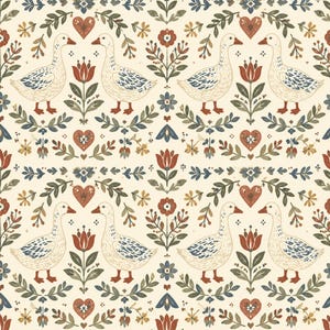 Peut inclure: Un motif répétitif sur fond crème représentant des oies blanches avec des détails d'ailes bleu-gris, des cœurs rouges et des motifs floraux stylisés dans des tons de rouge, bleu et vert. Le design inclut des arrangements symétriques de feuilles.