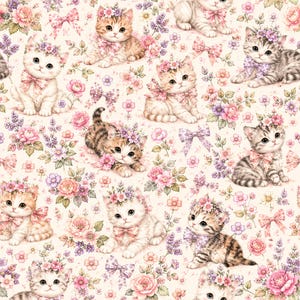Peut inclure: Un motif répétitif illustrant des chatons portant des couronnes de fleurs et des nœuds, entremêlés de fleurs roses et violettes, de feuilles vertes et de petits nœuds sur un fond crème clair. Les chatons ont des pelages variés.