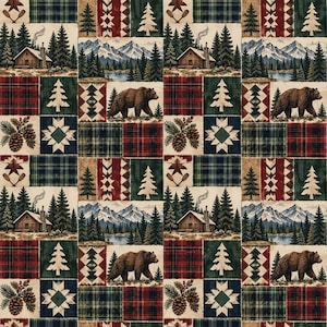 Peut inclure: Un motif de tissu présentant un design patchwork répétitif de cabanes en rondins rustiques, d'ours bruns, de sapins, de montagnes enneigées, de pommes de pin et de carrés écossais dans des tons de rouge, vert, bleu et beige avec des pagaies.