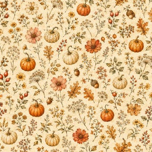 Autumn Pumpkin Floral Fabric by the Yard - 60 Inch Wide Material for Quilt Backing, Table Runners & Pillow Covers - Cozy Fall Harvest Style